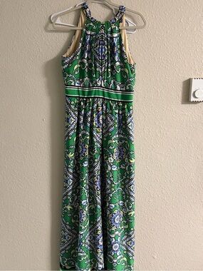 Jessica Howard Blue and Green Floral-Trim Dress